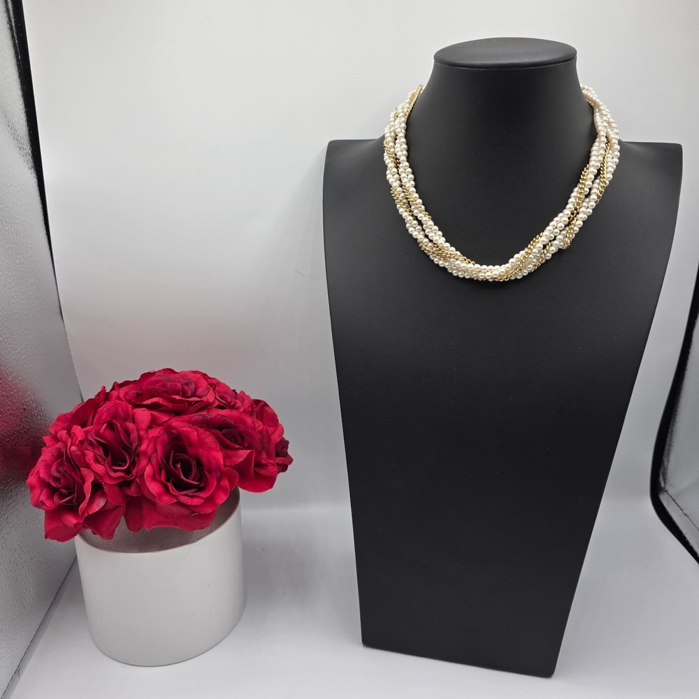 Vintage Womens Two Strand Gold Tone Beaded Chunky Twisted Pearl 17" Elegant